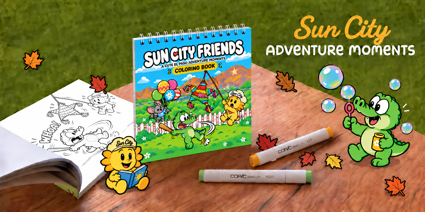 Sun City Friends Coloring Book with El Paso adventure scenes and characters