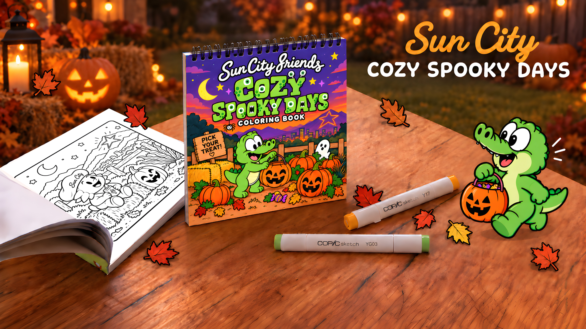Sun City Friends Cozy Spooky Days coloring book with autumn and Halloween scenes